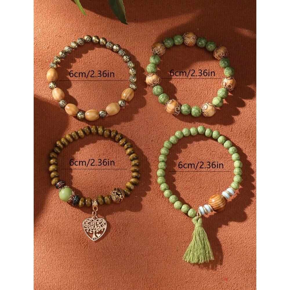 4pcs/Set Bohemian Style Heart Tree Of Life Pendant Wood Beaded Bracelets Set - Picture 2 of 3